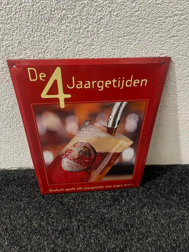 Grolsch 'De 4 Jaargetijden' Reclamebord, Verzamelen, Biermerken, Ophalen, Gebruikt, Reclamebord, Plaat of Schild, Grolsch