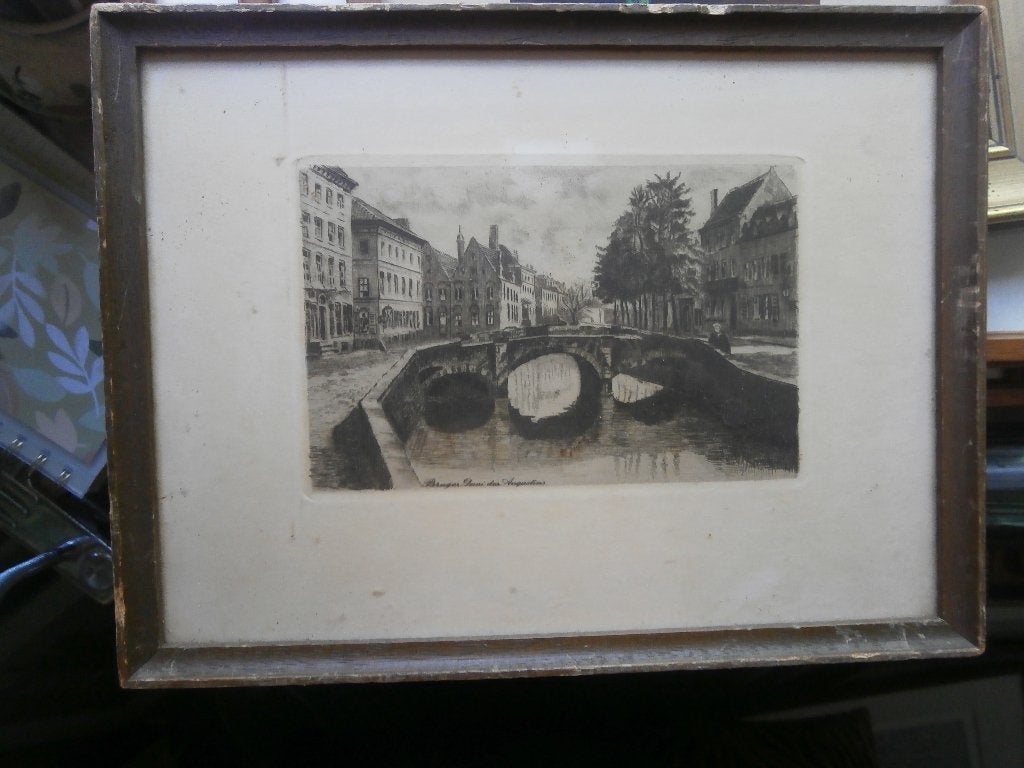 Brussel, Klein etsje Augustinusbrug, gebroken glas, Antiek en Kunst, Ophalen, Ets
