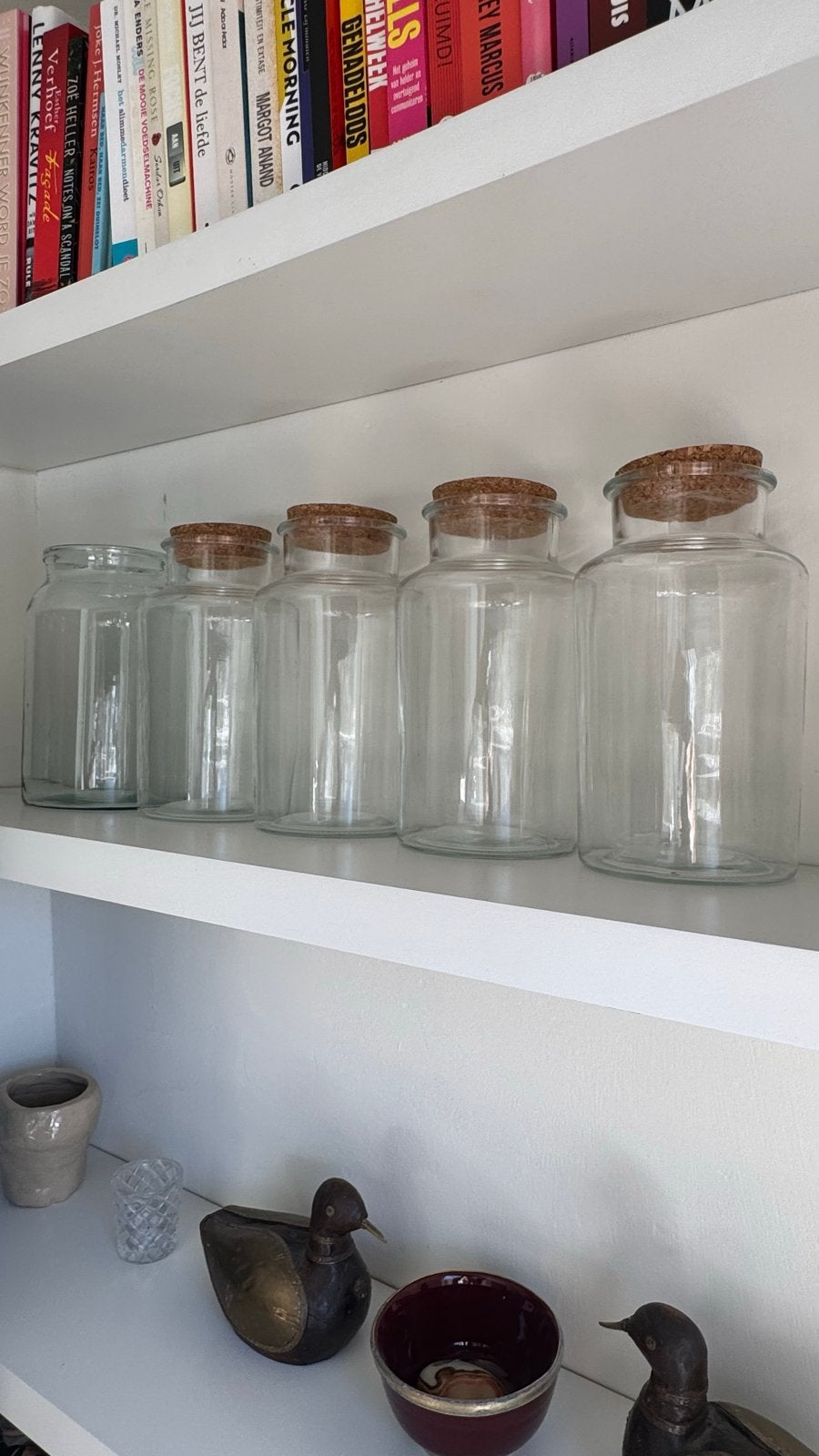 Set van 5 glazen potten met kurken deksel, Huis en Inrichting, Ophalen, Zo goed als nieuw, Glas