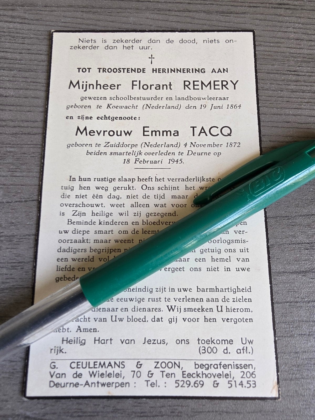 Oorlogsslachtoffers Remery Tacq Koewacht Zuiddorpe Deurne, Ophalen of Verzenden, Nederland