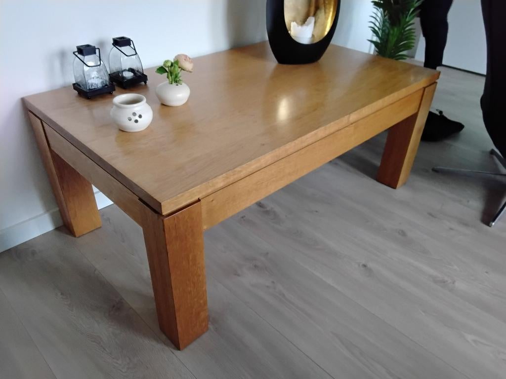 Licht eikenhouten salontafel met handige lade, Ophalen, Gebruikt, 100 tot 150 cm, Eikenhout