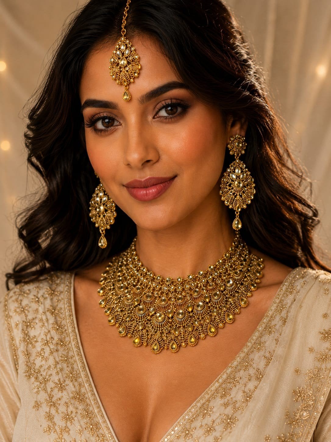 Luxe Indiase Sieraden Set Goudkleurig – Ketting, Oorbellen, Sieraden, Tassen en Uiterlijk, Kettingen, Ophalen of Verzenden, Nieuw