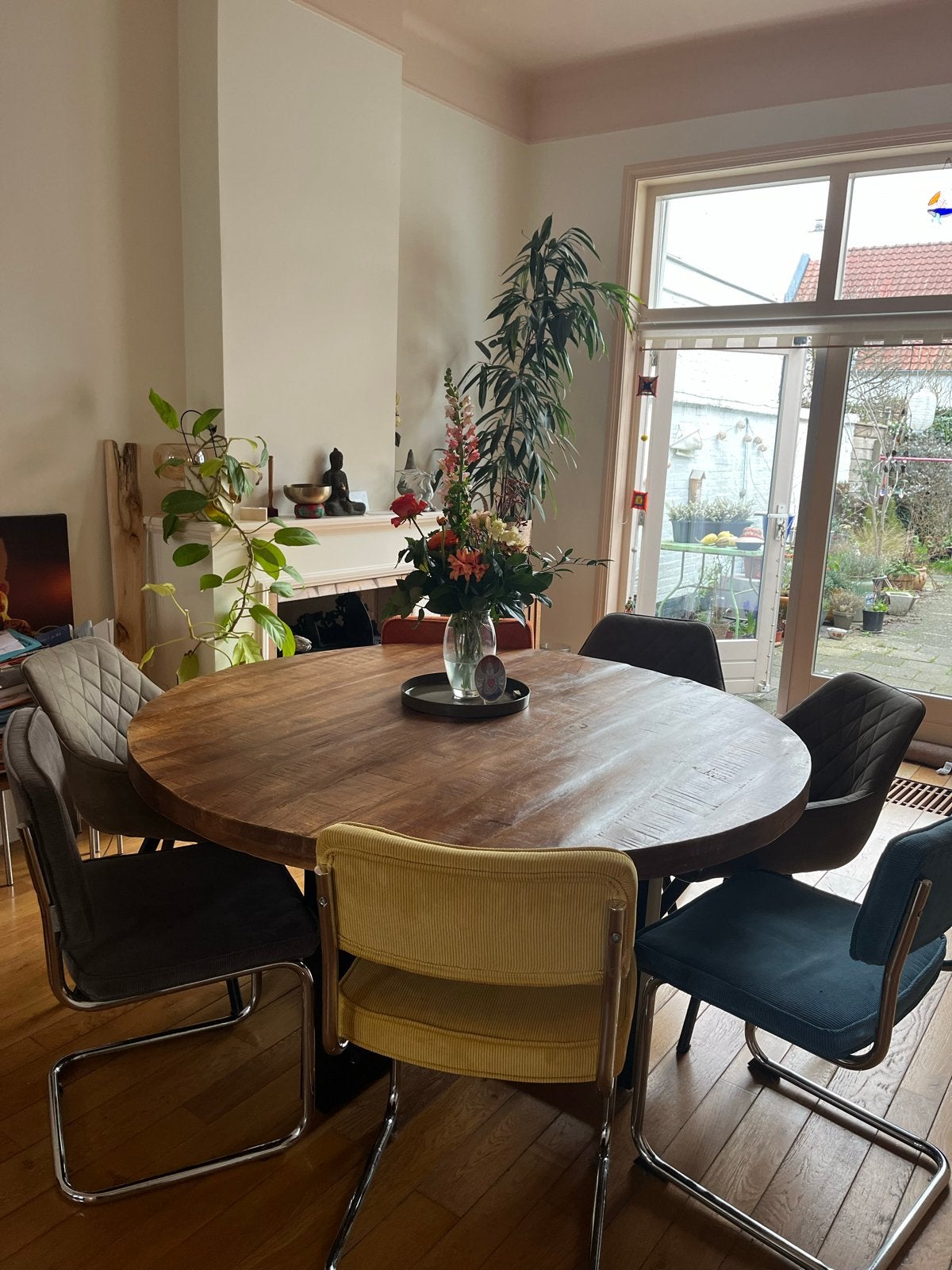 Ronde eettafel 150 cm mangohout, Ophalen, Gebruikt, 100 tot 150 cm, 150 tot 200 cm