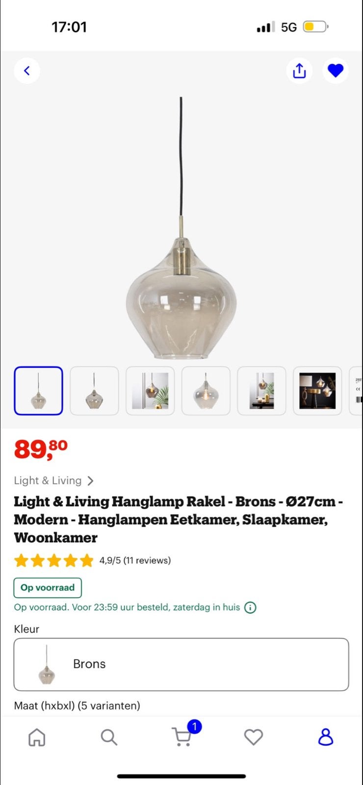 Light & Living Hanglamp Rakel - Brons - Ø27cm, Huis en Inrichting, Ophalen of Verzenden, Zo goed als nieuw, Metaal