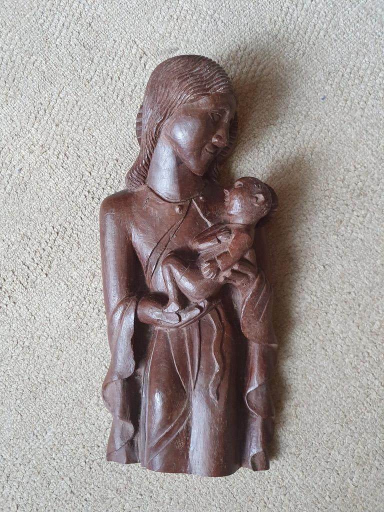 Houten beeld Maria met Jezus - religieuze wanddecoratie, Antiek en Kunst, Ophalen of Verzenden, Handgemaakt, 20 - 50 cm, Beeld