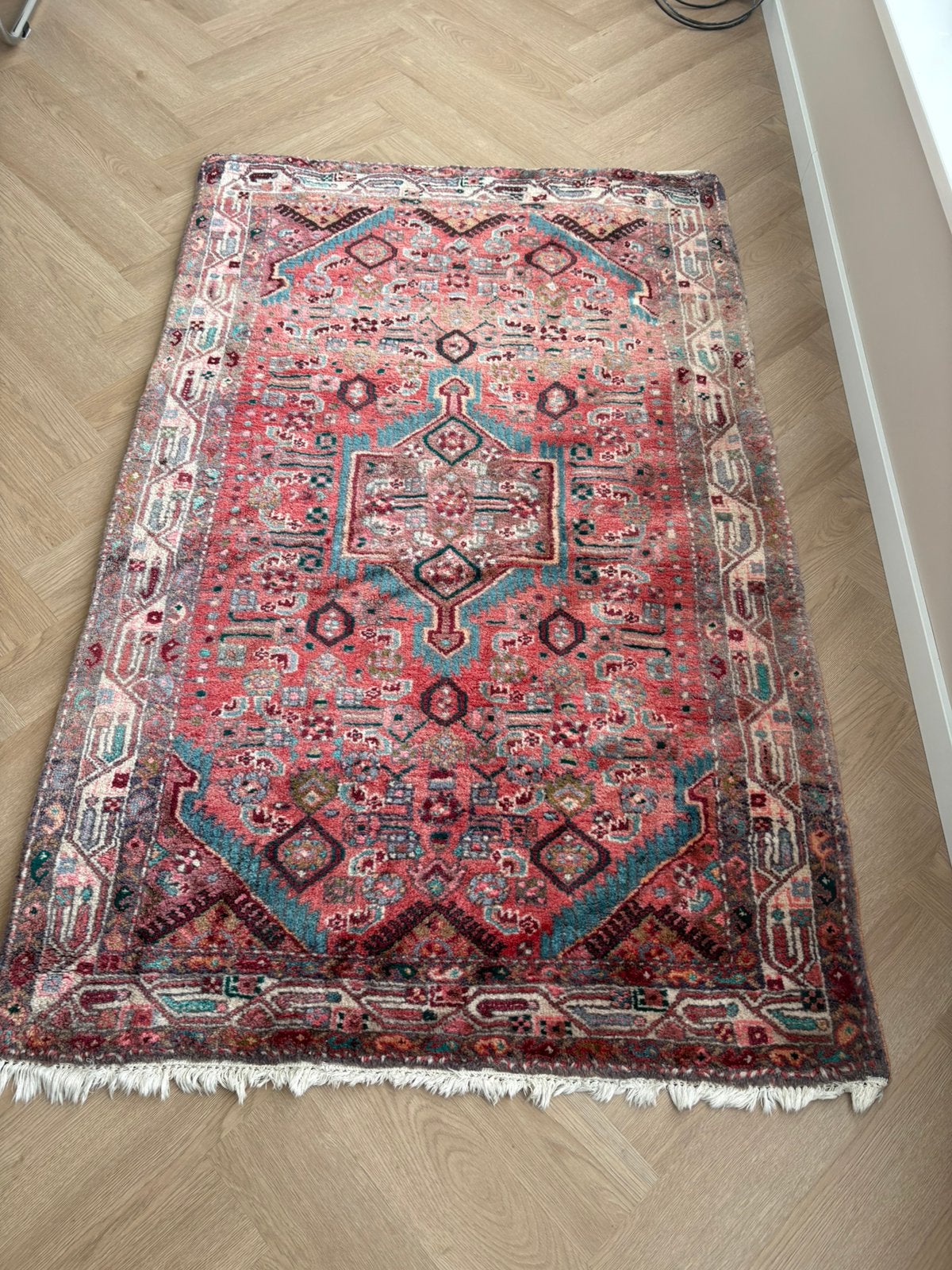 Hamadan tapijt met certificaat, Ophalen, Beige, Zo goed als nieuw, 150 tot 200 cm
