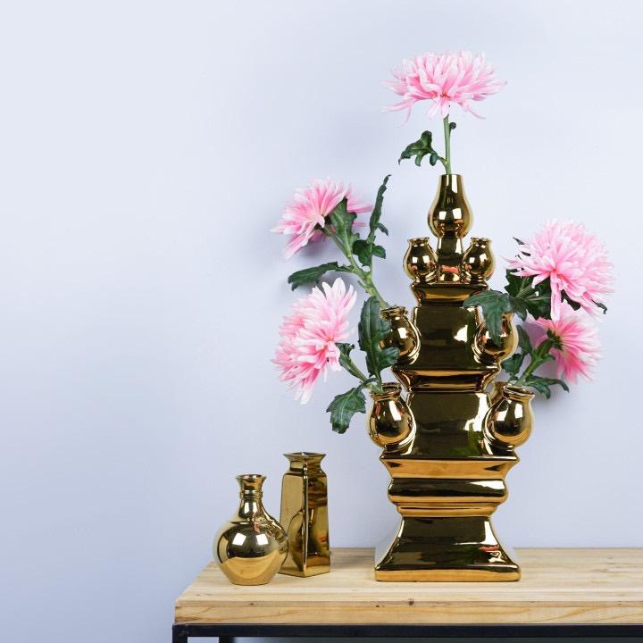 Tulpenvaas 3-delig Goud XL - Heinen Delftsblauw  51 cm, Huis en Inrichting, Woonaccessoires | Vazen, Overige kleuren, 50 tot 75 cm