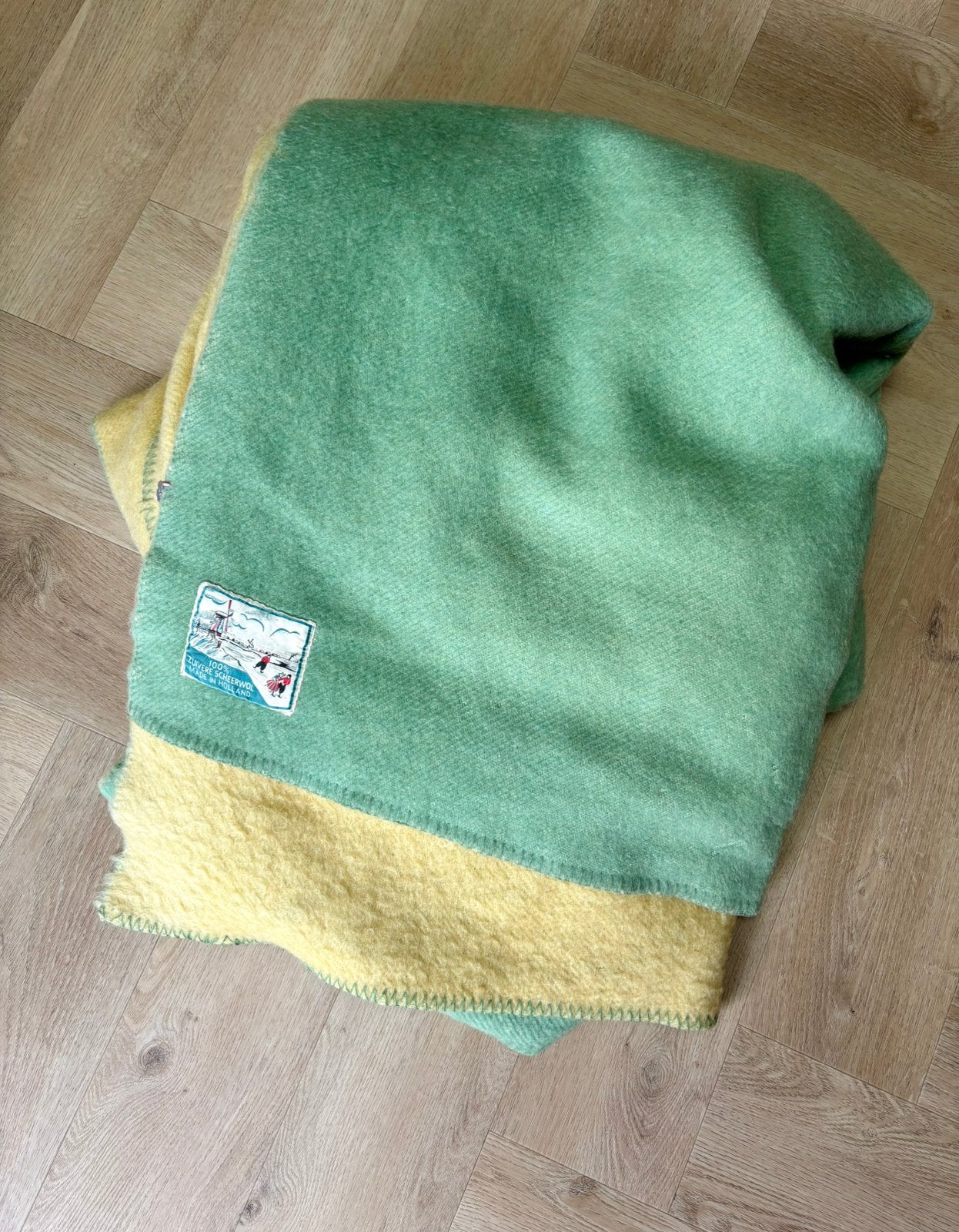 Vintage wollen deken scheerwol geel/groen retro, Gebruikt, Wol, Ophalen of Verzenden, Groen