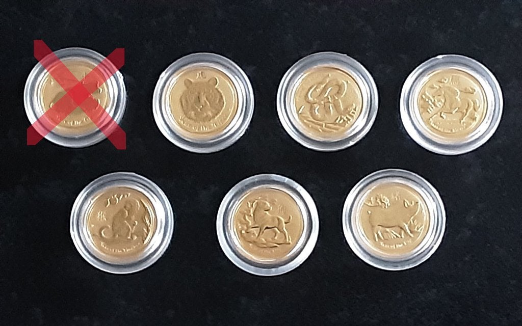 5x Gouden Lunar II muntjes (1/20 oz), Ophalen of Verzenden, Goud