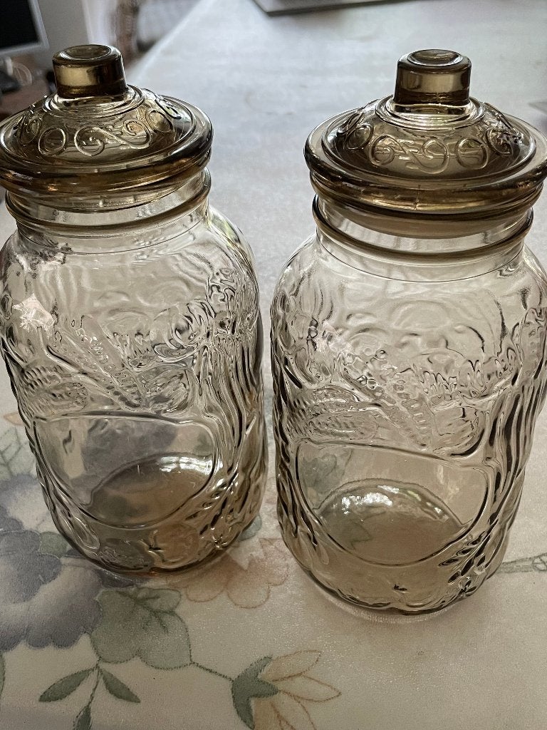 Set van 2 vintage glazen potten met deksel, Verzamelen, Ophalen of Verzenden, Huis en Inrichting