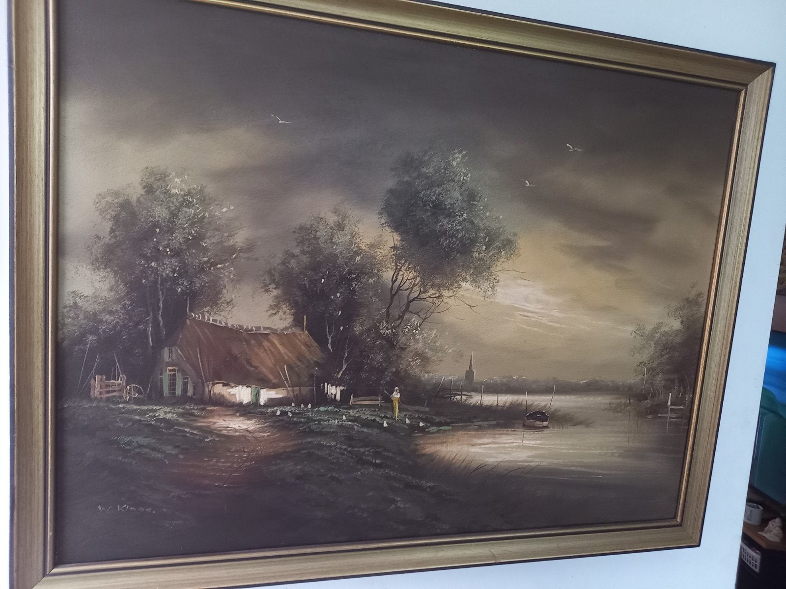 Schilderij Landschap met boerderij en water - Gesigneerd, Ophalen of Verzenden, Oud hollands, Olieverf, Landschap
