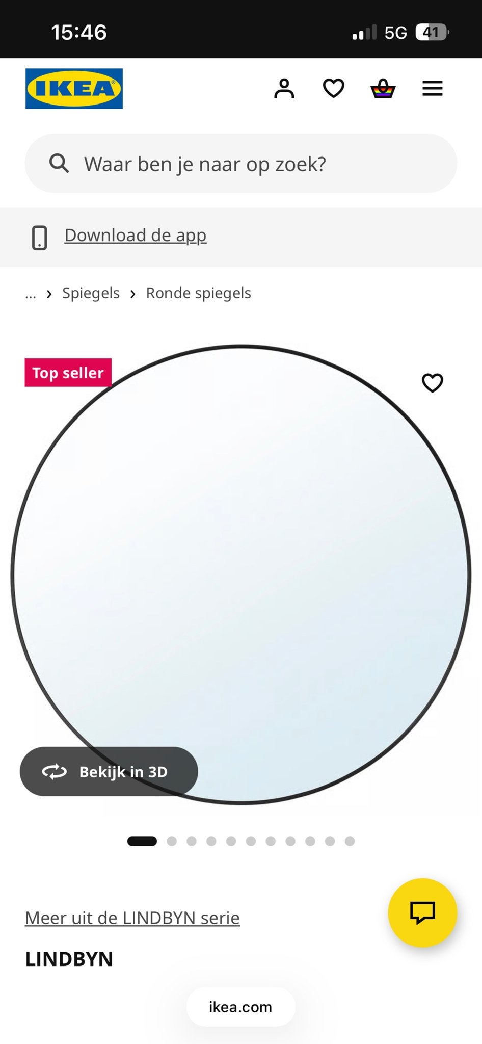 IKEA Lindbyn spiegel, rond, zwart, 80 cm, Ophalen, Rond, Zo goed als nieuw, 75 tot 100 cm