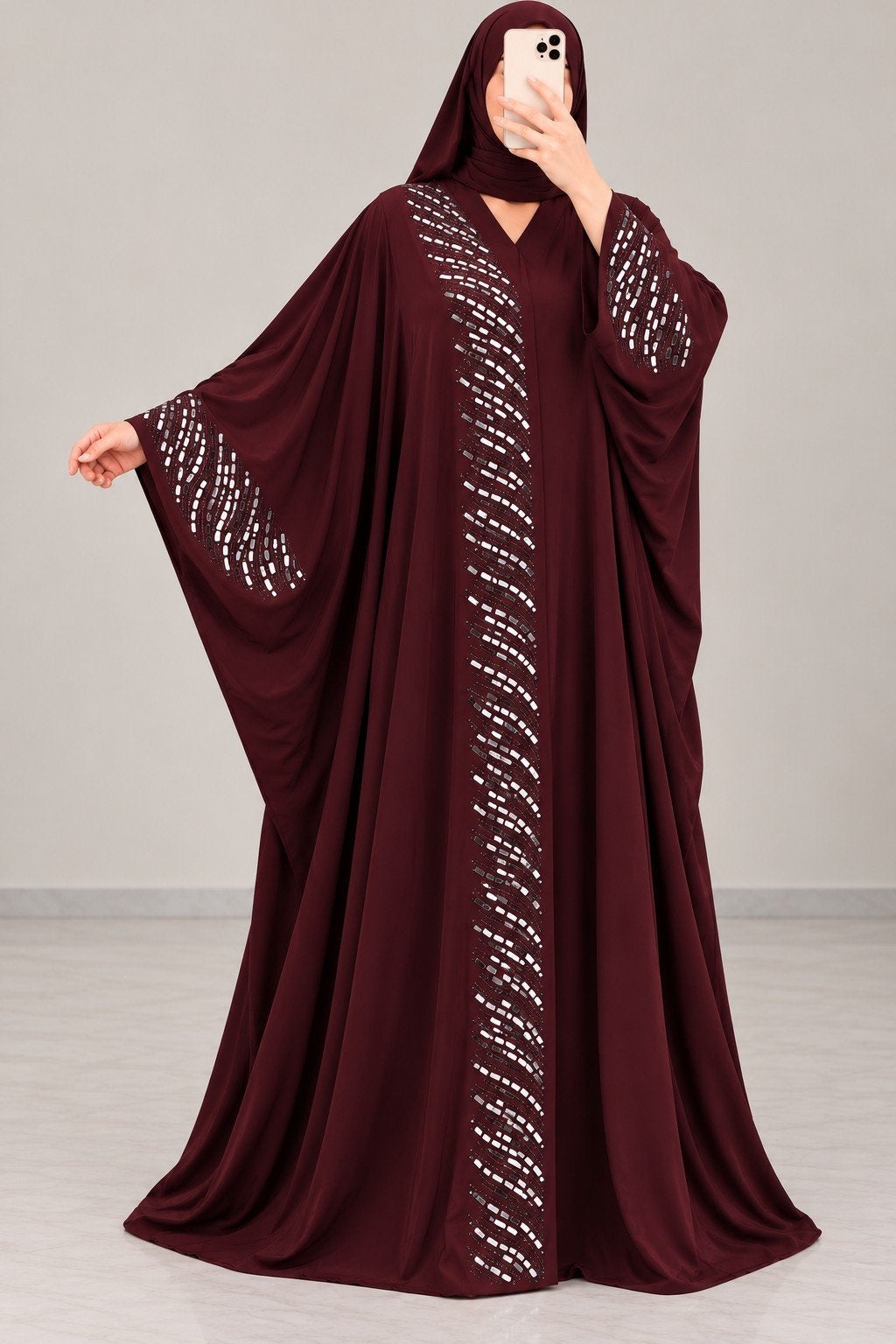 Prachtige bordeauxrode abaya met zilveren steentjes, Onbekend, Ophalen of Verzenden, Nieuw