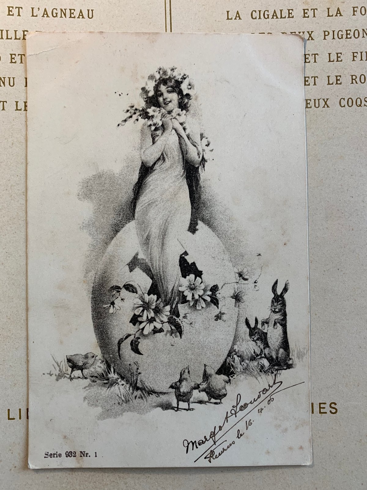 16-4-1905 Pasen - dame lang haar, paashaas, kuikens (FR), Ophalen of Verzenden, Voor 1920, Gelopen, Feest(dag)