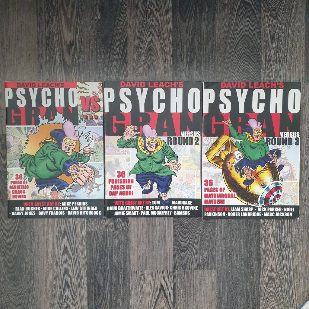 David Leach - Psycho Gran versus… 1, 2 en 3. Gesigneerd, Boeken, Gelezen, Europa, Ophalen of Verzenden, Meerdere comics