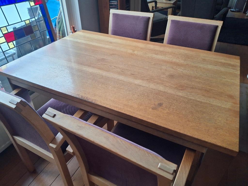 Eetkamertafel met 4 stoelen blank eiken 90/140, Huis en Inrichting, Stoelen, Gebruikt, Vier, Hout, Overige kleuren, Ophalen