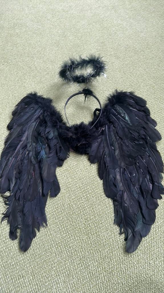 Zwarte engel vleugels en kroon, Ophalen of Verzenden, Zo goed als nieuw, Maat 34 (XS) of kleiner, Halloween