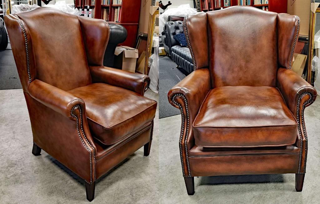 NIEUW Chesterfield 2x Dutch Wing Chairs antiek bruin leer, Huis en Inrichting, Banken | Bankstellen, Eenpersoons, Chesterfield