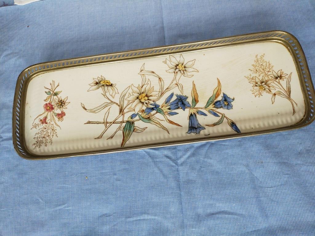 Antiek dienblad porselein & gentiaan, heeft cracule., Ophalen of Verzenden