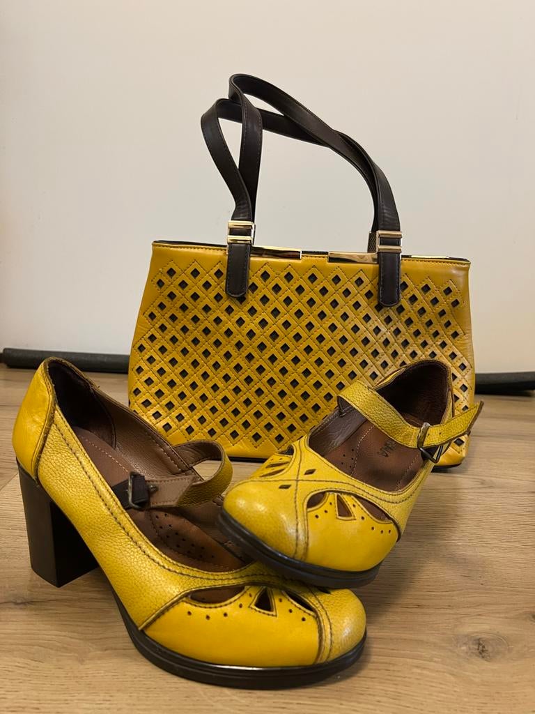 Handgemaakte leren tas & schoenen set - maat 38, Sieraden, Tassen en Uiterlijk, Tassen | Damestassen, Zo goed als nieuw, Handtas