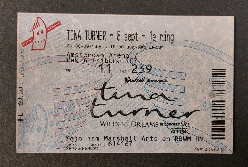 Tina Turner TICKET CONCERTKAARTJE 1996 Amsterdam, Verzenden, Gebruikt, Foto of Kaart