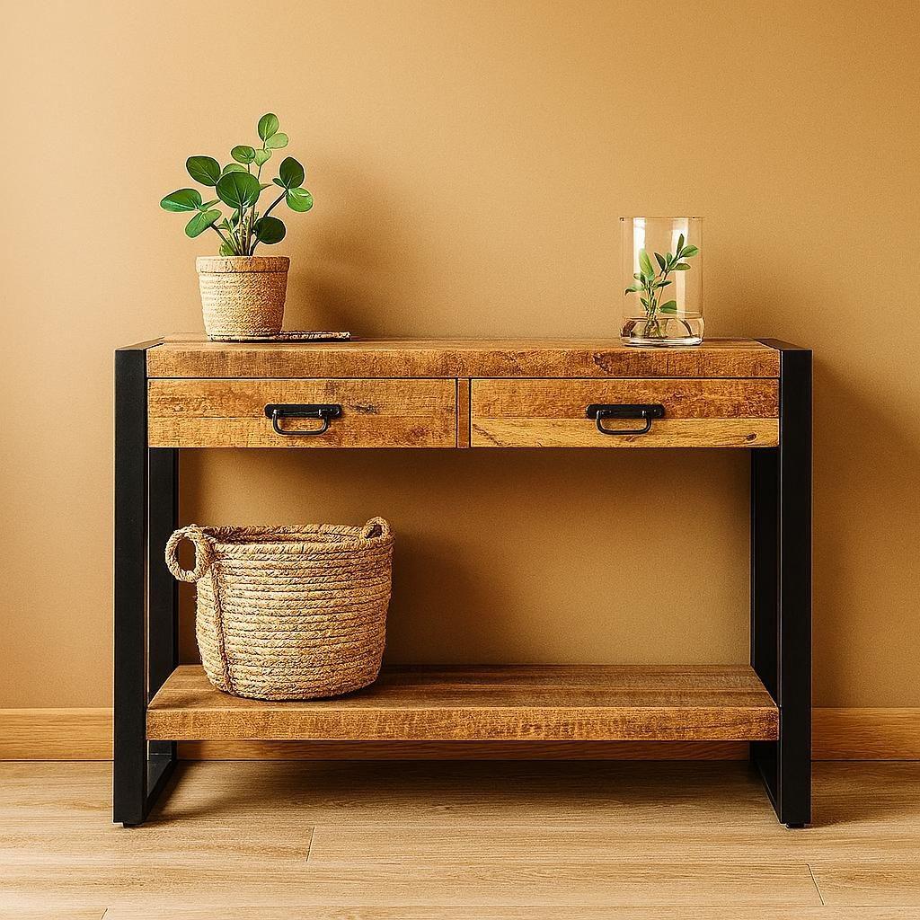 Sidetable Mangohout en Staal | 120 x 35 x 76 cm, 100 tot 150 cm, Nieuw, Ophalen of Verzenden, 25 tot 50 cm