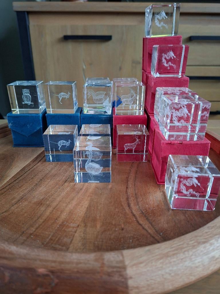 Set 3d lasergegraveerde kristallen blokjes, Verzamelen, Porselein, Kristal en Bestek, Zo goed als nieuw, Beeldje(s), Kristal, Ophalen of Verzenden