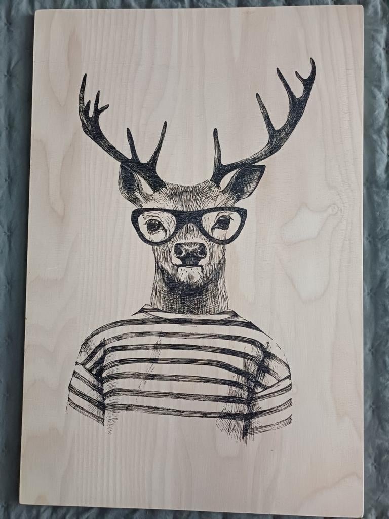 Hert op houten paneel. 60 cm hoog breed 40 cm., Ophalen, Minder dan 50 cm, Schilderij, Minder dan 50 cm