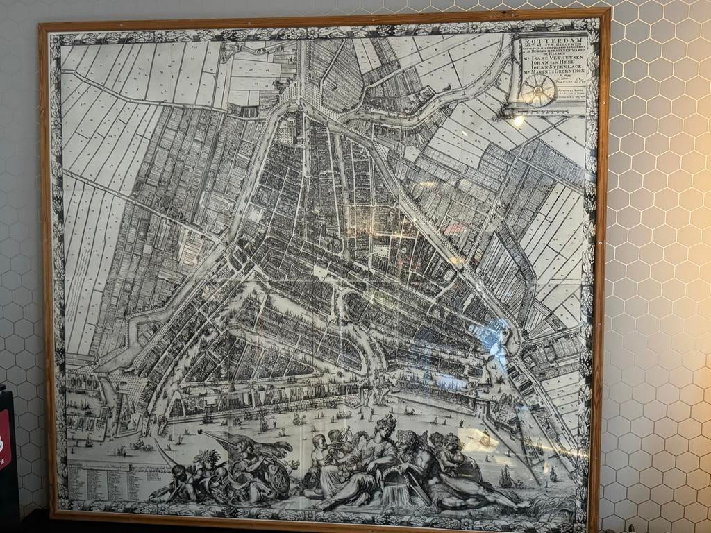 Oude kaart van Rotterdam (1694) ingelijst, Antiek en Kunst, Kunst | Etsen en Gravures, Ophalen