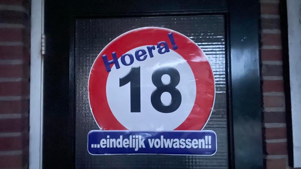 Versiering 18 jaar, vlaggetjes, grote vlag, deurbord, Hobby en Vrije tijd, Feestartikelen, Ophalen of Verzenden, Gebruikt, Versiering