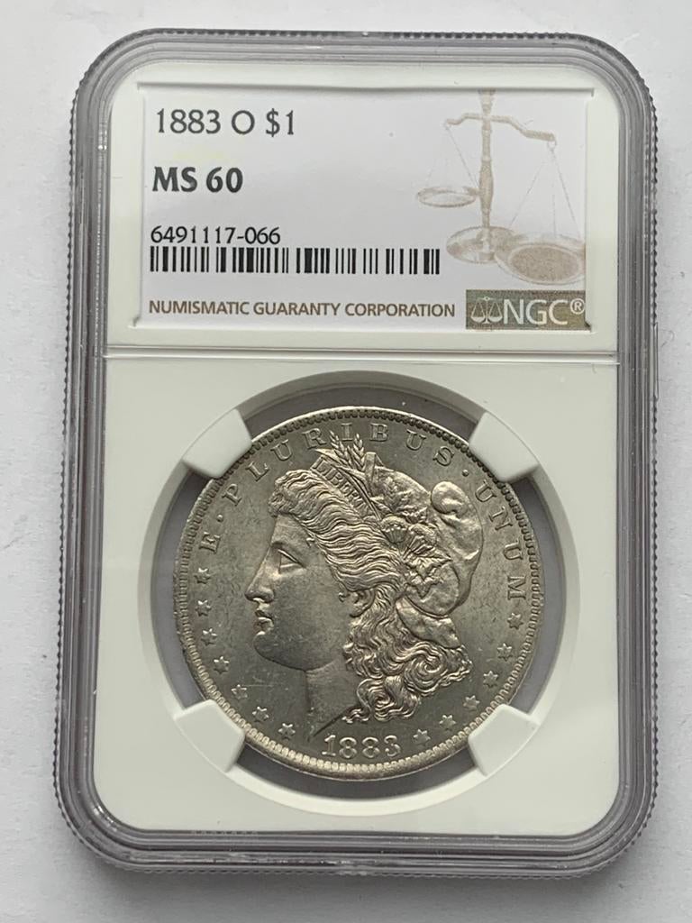 Zilveren morgan dollar slab NGC gecertificeerd ms60 1883 o, Ophalen of Verzenden, Noord-Amerika