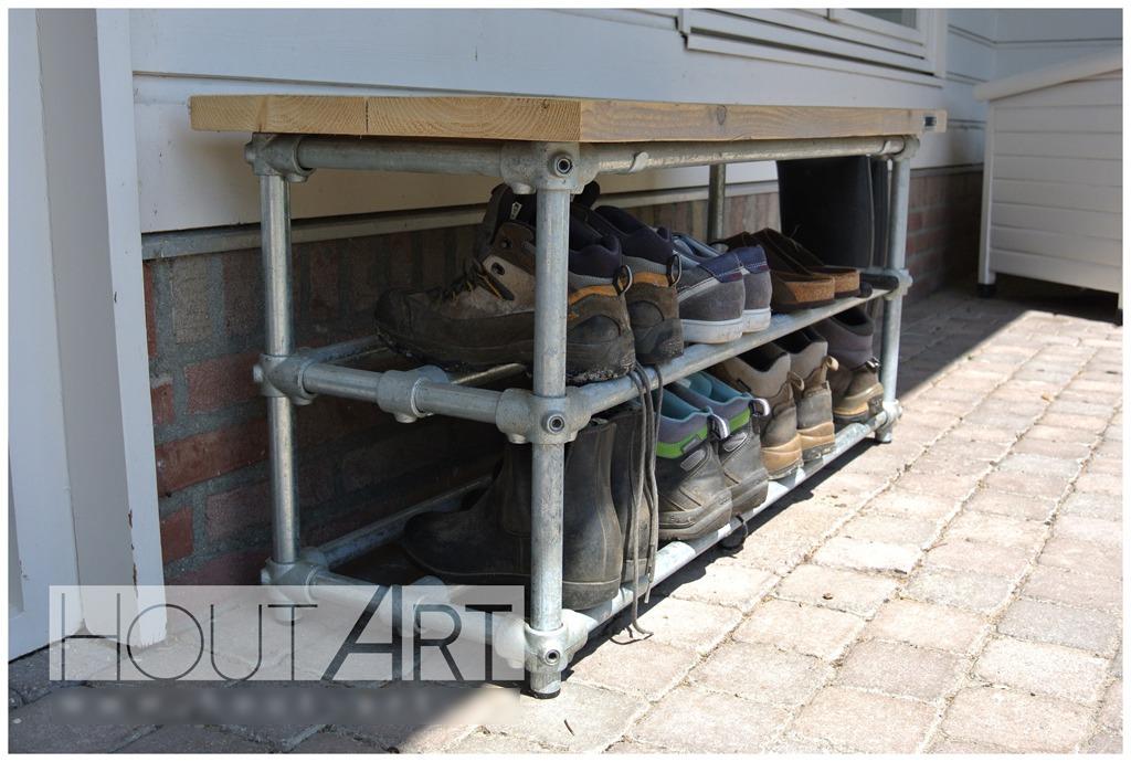 Schoenenkast steigerbuis met bovenblad steigerhout