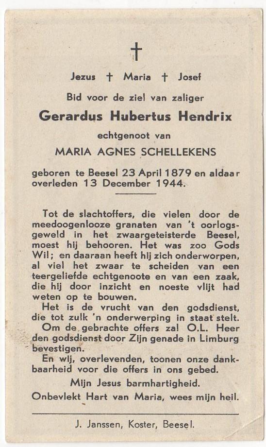 Gerardus H. Hendrix 1879 Beesel + 1944 Beesel, 65 jaar oud, Verzenden