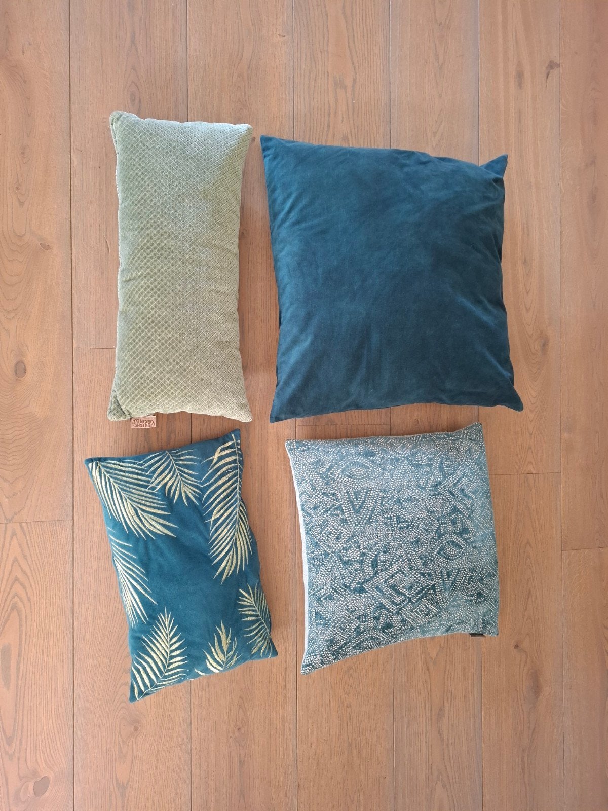 Set van 4 sierkussens in groen- en blauwtinten, Ophalen, Overige merken, Gebruikt, Meerkleurig