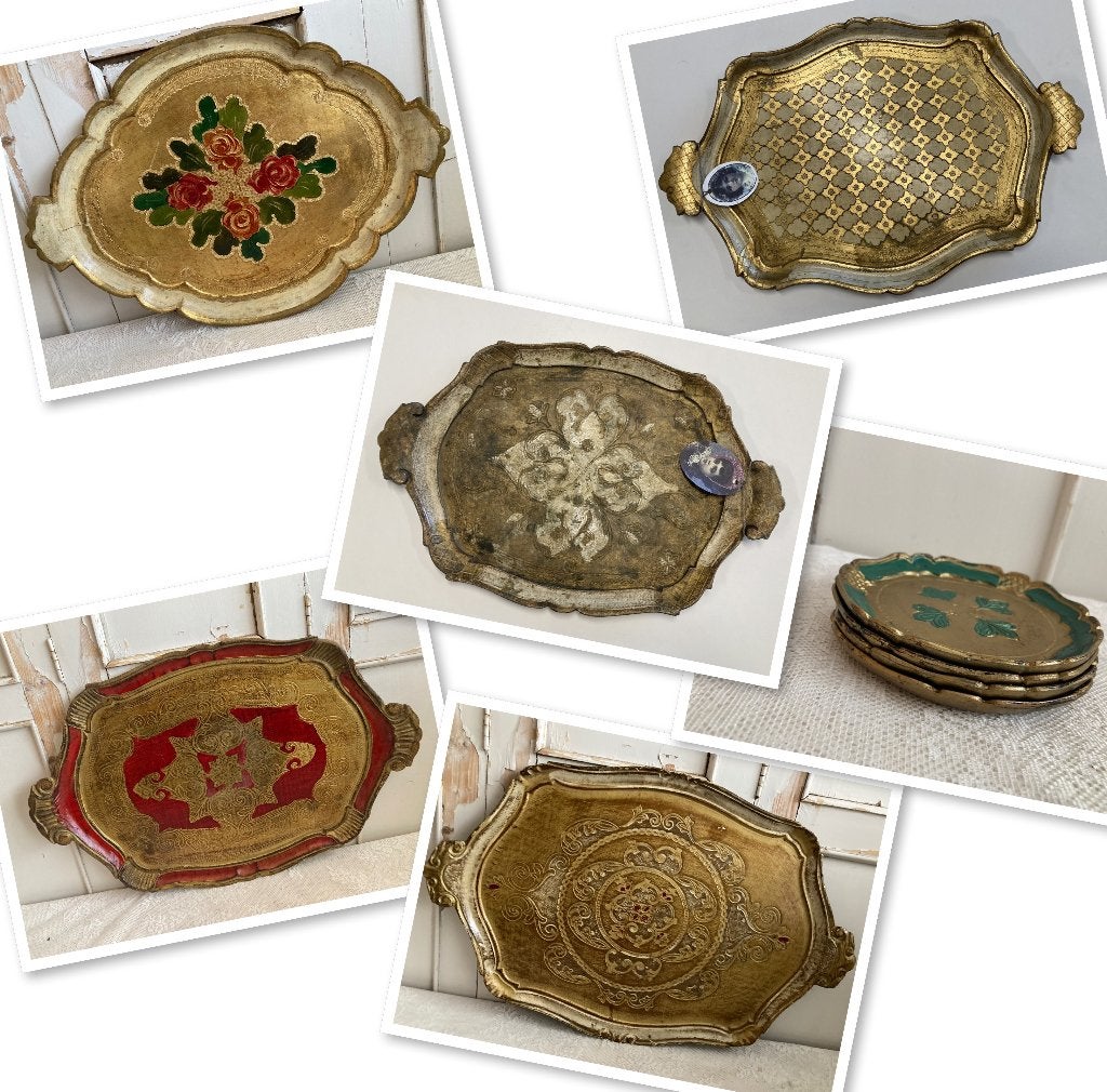 5x Brocante houten Florentijns dienblad & 4 onderzetters, Ophalen