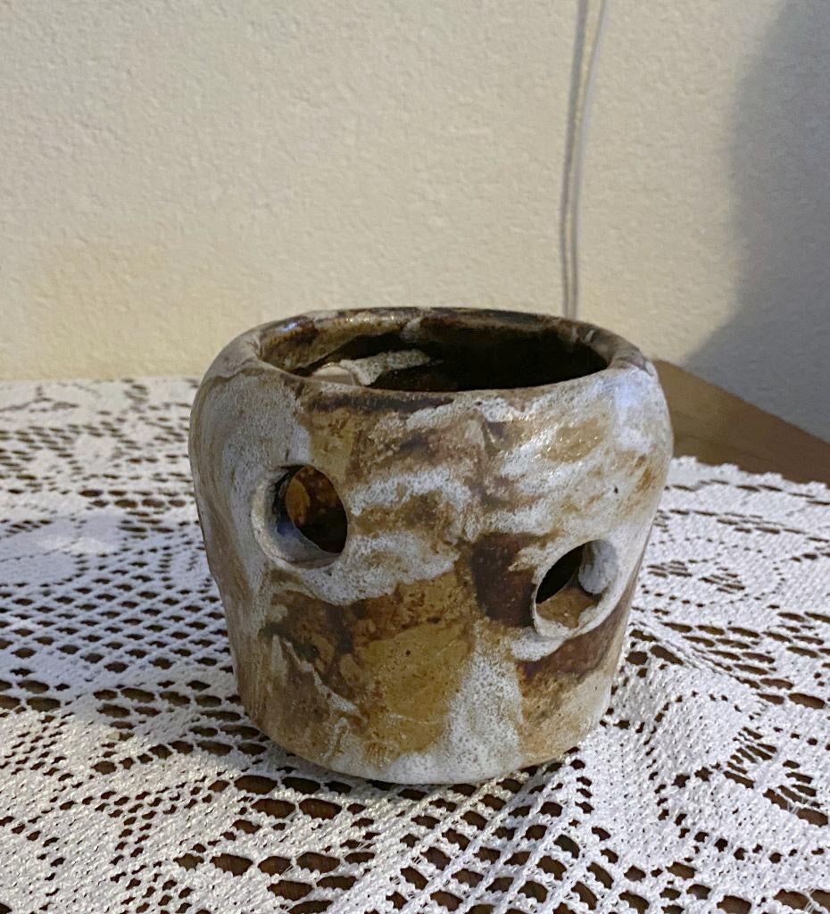 vintage bloempot, bloembakjes hout / riet, kunstplantjes, Rond, Ophalen of Verzenden, Zo goed als nieuw, Aardewerk