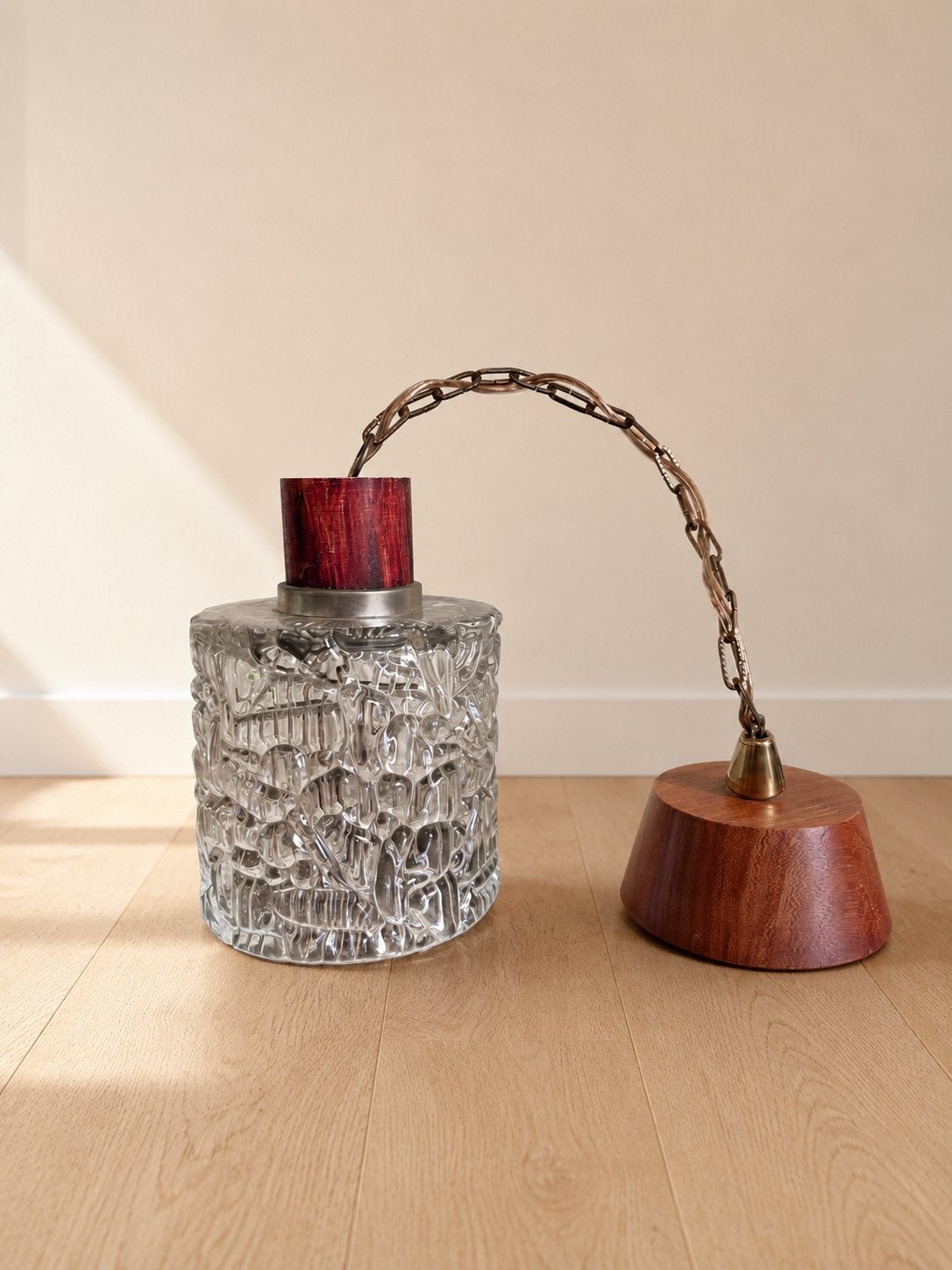 Midcentury hanglamp teak en dik glas, Ophalen, Zo goed als nieuw, Metaal