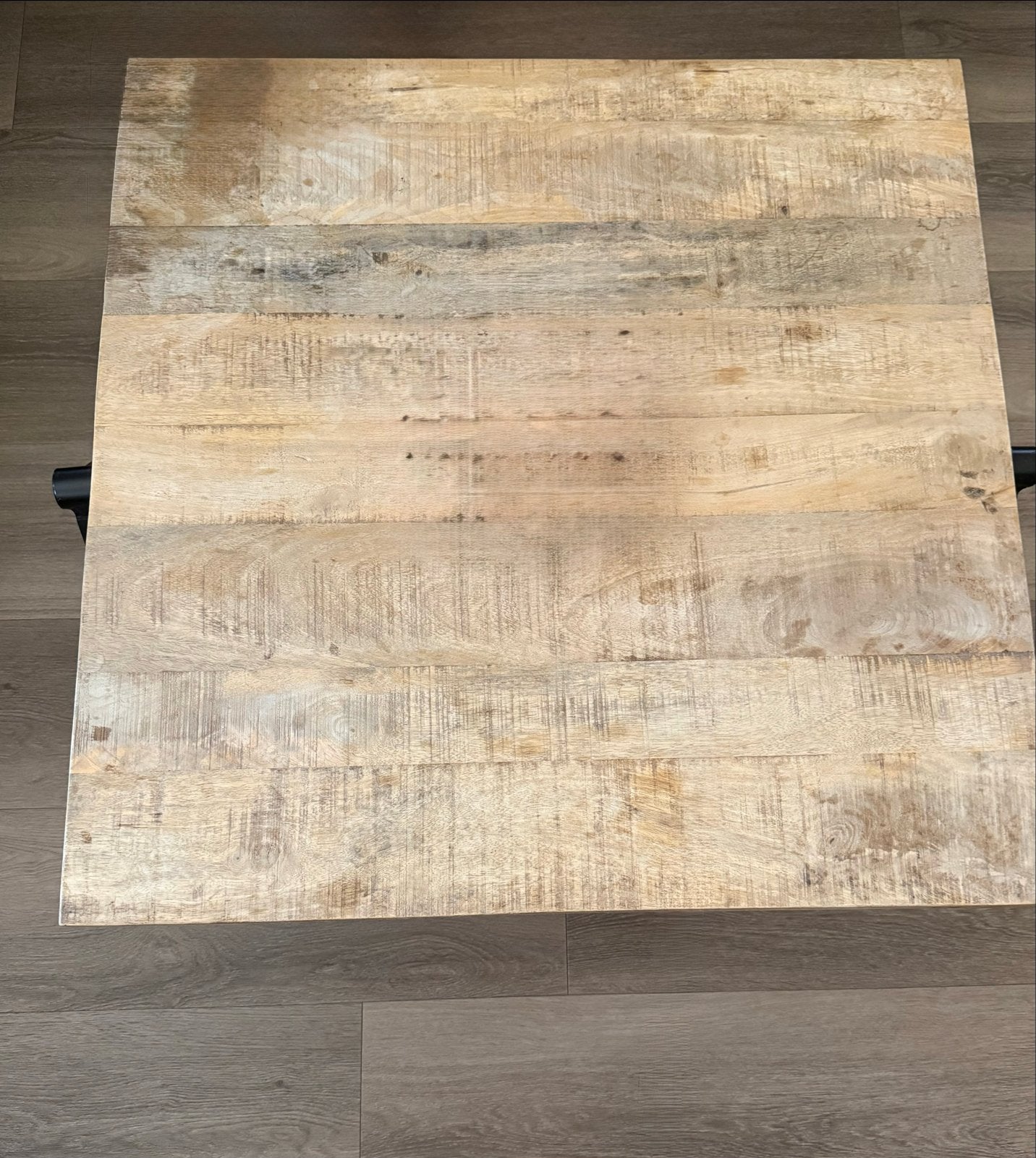 Robuuste salontafel van mangohout met metalen onderstel, Ophalen, Gebruikt, Vierkant, 50 tot 100 cm