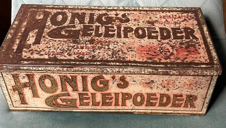 Vintage blik -Honig- geleipoeder -jaren ‘40, Verzenden, Gebruikt, Overige