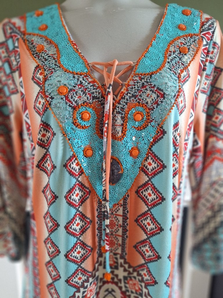 K-Design jurk oranje aqua mooie bewerkte kraag XXL, Kleding | Dames, K-design, Overige kleuren, Verzenden, Maat 46/48 (XL) of groter