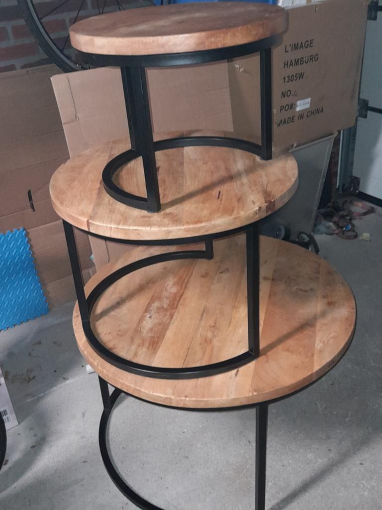 Splinz Bijzettafel met 3 Niveaus - Hout en Metaal, Huis en Inrichting, Tafels | Bijzettafels, Zo goed als nieuw, Rond, 45 tot 60 cm