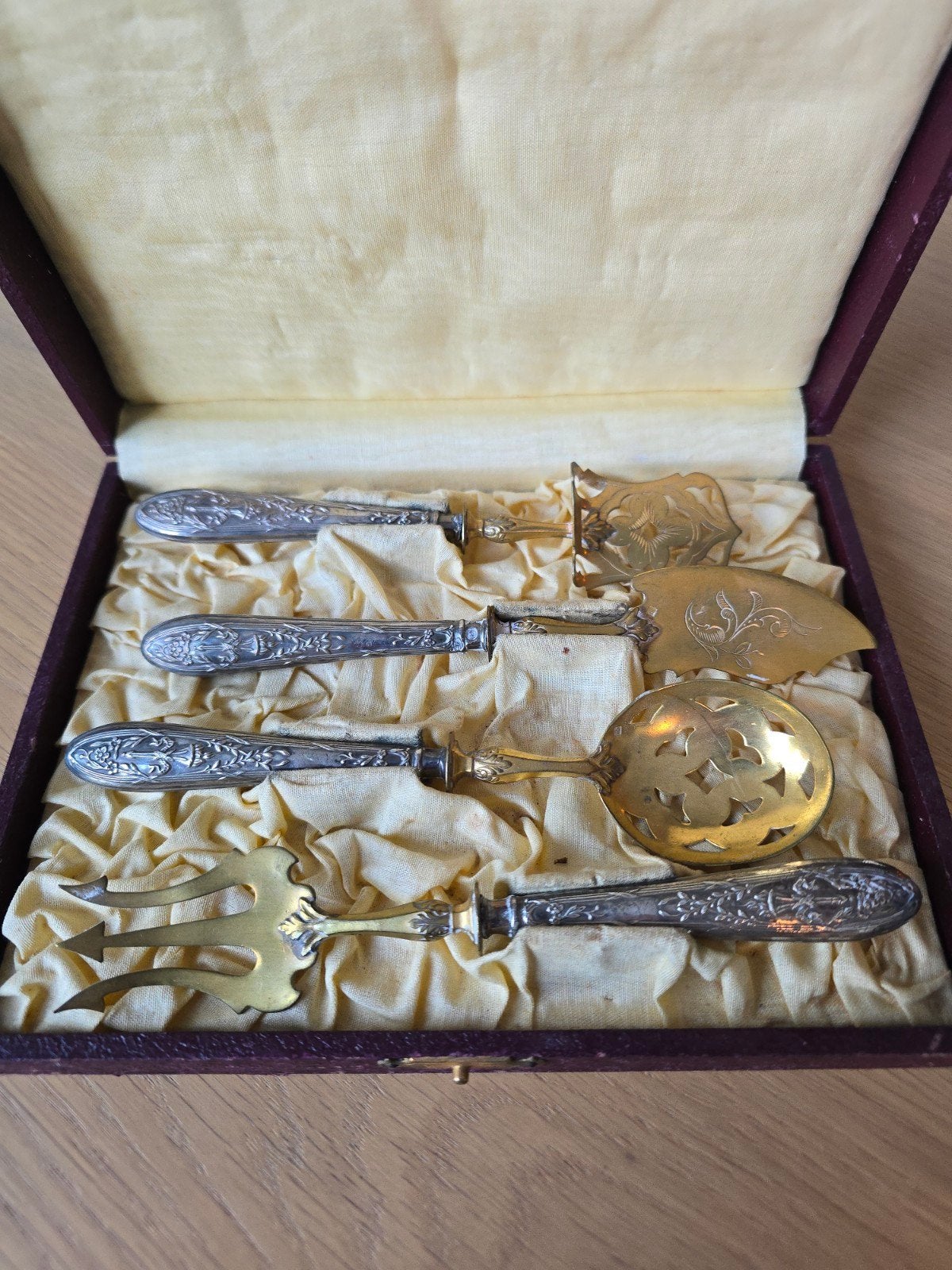 Antieke Franse dessertset: art nouveau-(ver)zilver(d) messin, Ophalen of Verzenden