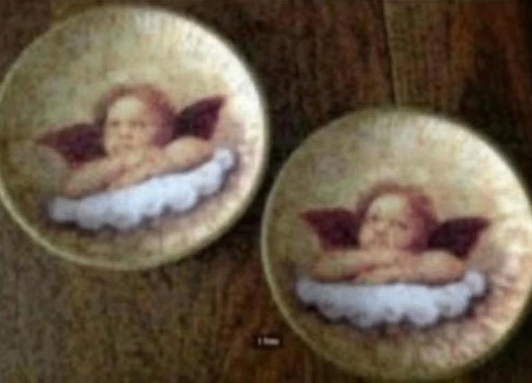 2x ronde, blikken schaal, diepe bord; engeltje op wolk, Ophalen of Verzenden, Zo goed als nieuw