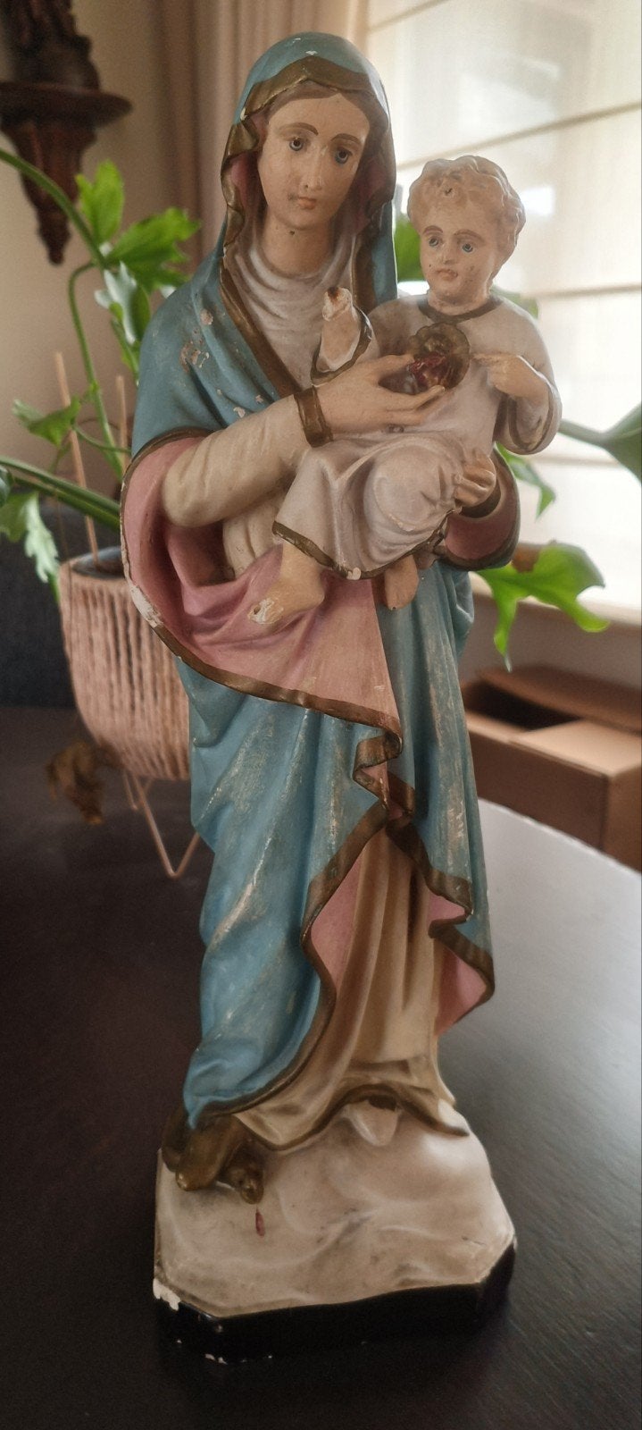 Antiek Brocante Gipsen Beeld Maria met Kind Religieus, Ophalen of Verzenden