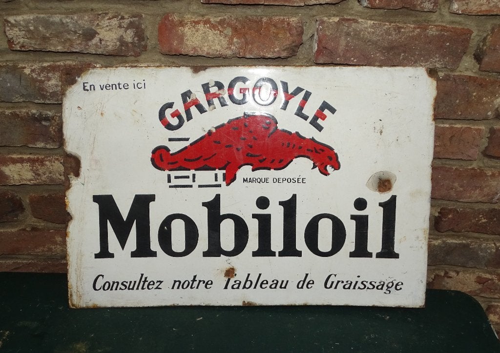 oud emaillen reclamebord emaille bord mobiloil, Ophalen