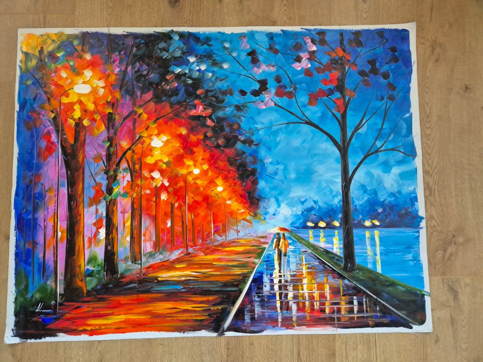 Leonid Afremov - Alley by the lake, Olieverf, Met textuur, Textiel, Landschap