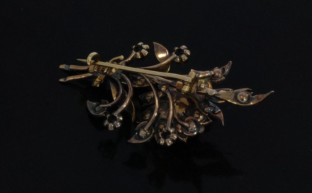 Diamanten bloem antieke 14k gouden broche tak briljant dame, Ophalen of Verzenden, Goud, Broche, Met edelsteen