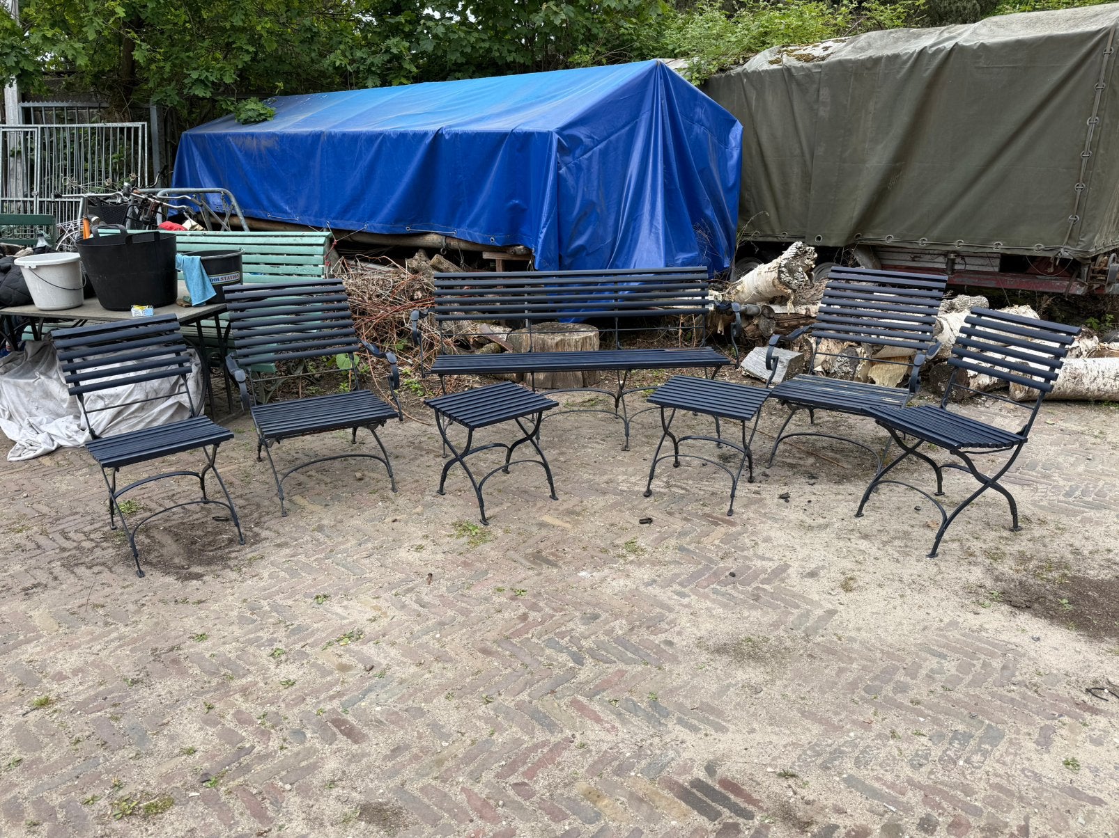 Grote tuin set Anton Damen - tafel met stoelen, bankje etc, Ophalen, Gebruikt, Hardhout, 6 zitplaatsen
