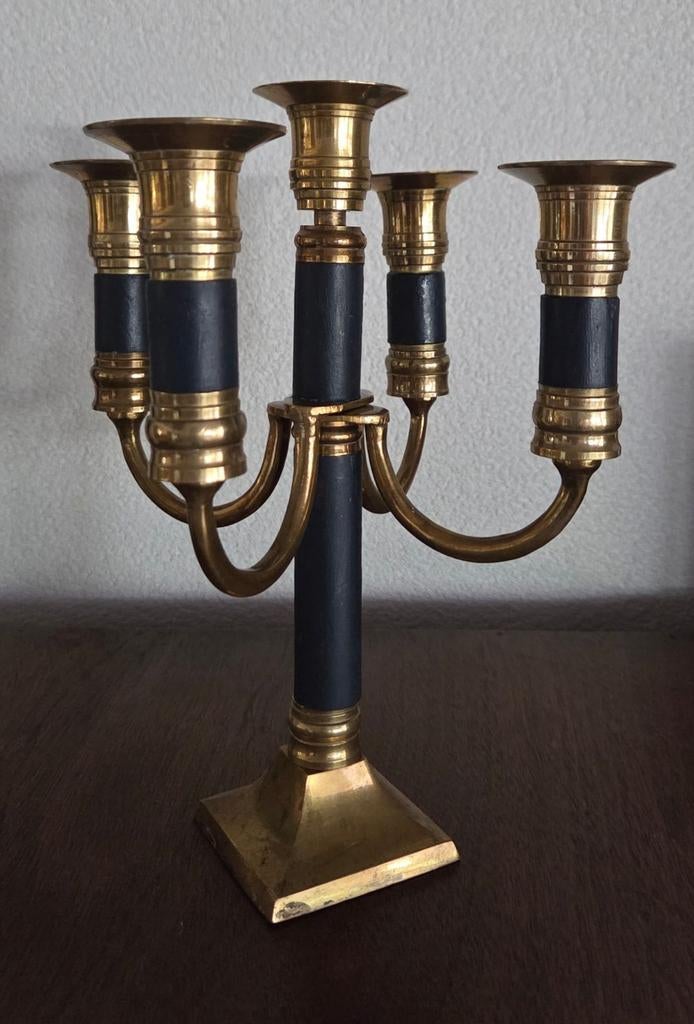 Antieke 5 armige messing kandelaar met blauwe accenten, Ophalen of Verzenden, Koper of Brons
