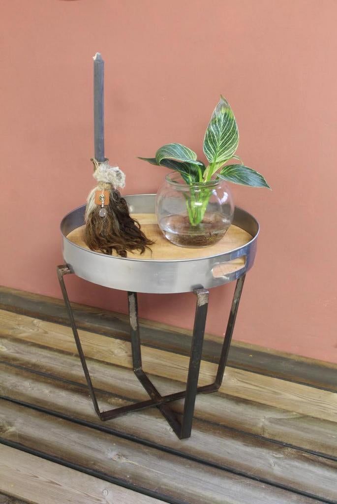 Butlertray van hout met Metaal, Huis en Inrichting, Tafels | Bijzettafels, Zo goed als nieuw, Rond, 45 tot 60 cm, Minder dan 55 cm